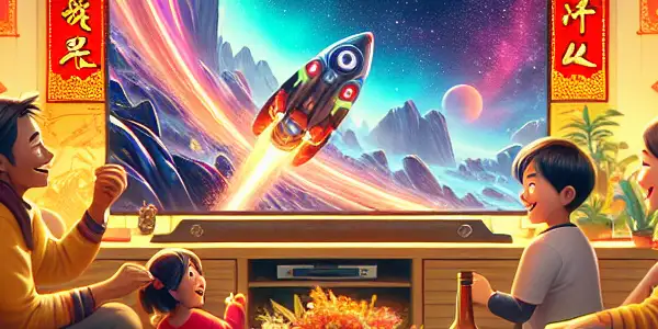 A joyful family gathered in a festive living room, watching "The Wandering Earth 2" during Chinese New Year.