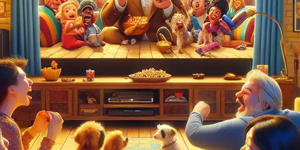 A joyful gathering of friends in a cozy home theater, laughing at a comical movie with snacks and decorations.