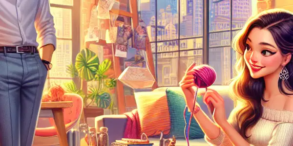 A charming nanny and her handsome employer share a lighthearted moment in a cozy urban family home.