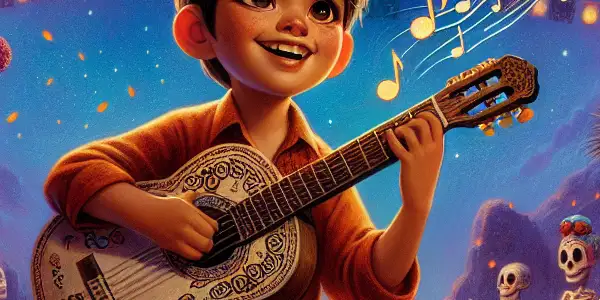 A joyful boy named Miguel plays guitar amidst colorful marigold flowers in a festive Day of the Dead celebration.