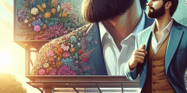 A determined young man stands in a bustling city, inspired by a movie about triumph, surrounded by vibrant life and energy.