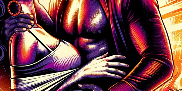 A passionate embrace between two characters against a vibrant city skyline at sunset, evoking romance and adventure.