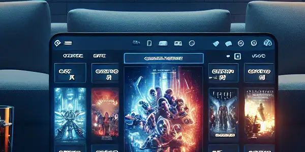 A cozy home theater scene featuring a sleek movie streaming interface on a laptop and smartphone with various movie posters.