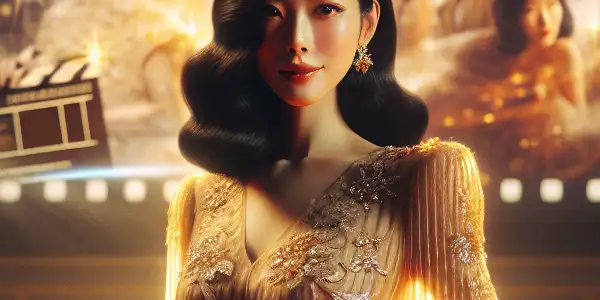 A poised Japanese actress stands in a vintage movie theater, showcasing elegance and confidence amidst nostalgic cinematic elements.