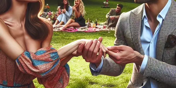 A playful couple pretends to argue with a fake wedding certificate in a lively spring park picnic scene.