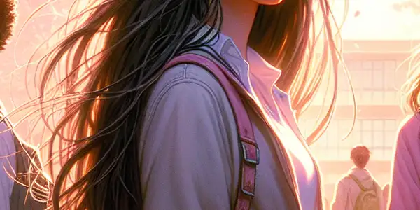 A teenage girl stands under a cherry blossom tree, surrounded by friends, embodying love, friendship, and nostalgia.