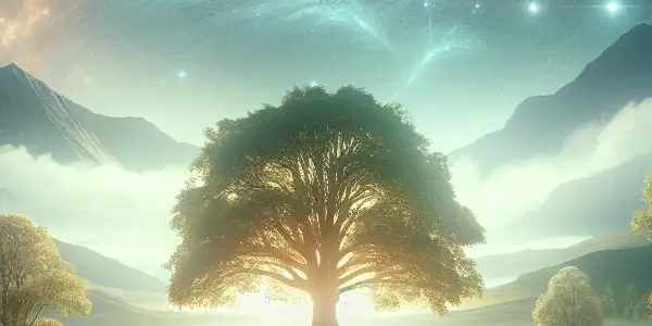 A serene family moment under a majestic tree in a lush forest, illuminated by a starry night sky.