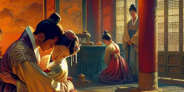 A passionate couple embraces in an intimate, atmospheric palace interior, reflecting themes of forbidden romance and desire.