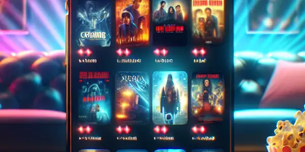 A smartphone displaying a movie app in a cozy living room with popcorn and a comfy couch.