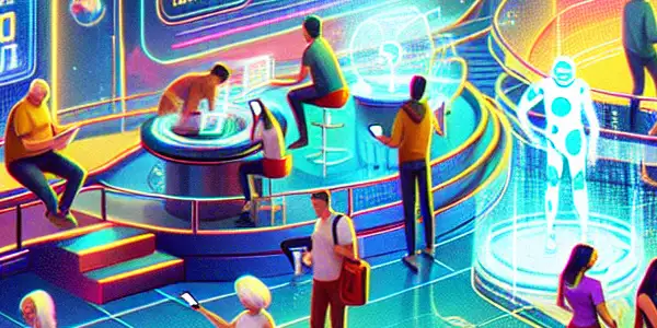 A lively adult lottery event featuring enthusiastic participants, colorful prizes, and futuristic technology in a vibrant venue.