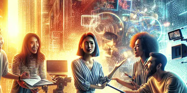 A young Asian filmmaker directs a diverse group of actors in a vibrant urban setting, showcasing creativity and innovation.