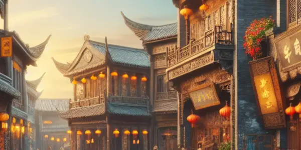 A vibrant scene of Zhengzhou Film Town, blending ancient Chinese architecture with European-style buildings and lively street activities.