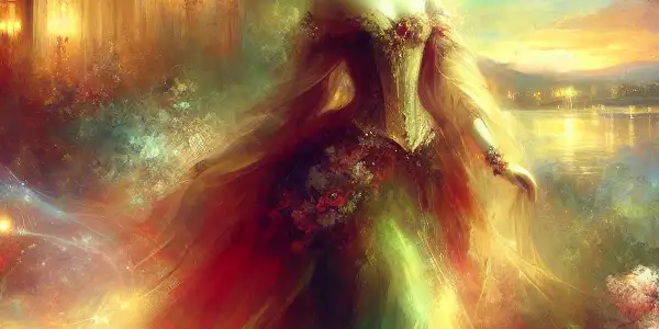 A romantic figure resembling Don Juan in elegant attire, surrounded by a lush, magical landscape with an opulent palace.