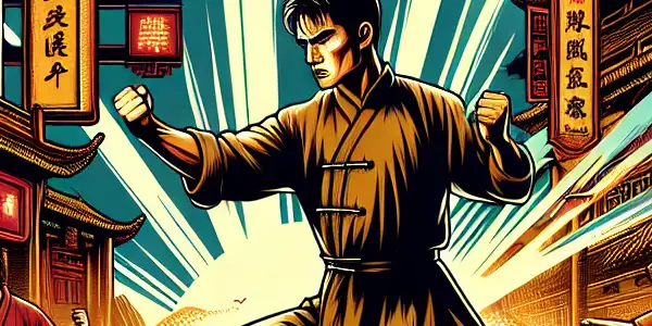 Dynamic martial artists in traditional attire, set against a vibrant Hong Kong skyline at dusk, evoking martial arts cinema nostalgia.