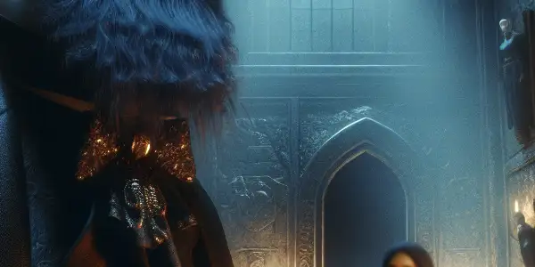 A gothic castle interior featuring a blue-bearded man, a hesitant woman, and a mysterious, slightly ajar locked door.