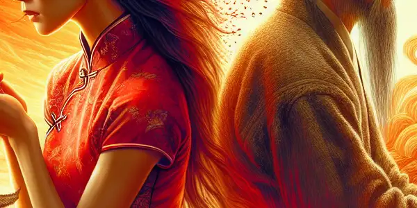 A split scene depicting a passionate young woman in a sorghum field and an older couple in a modest home.