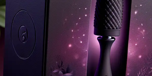 An elegant, eco-friendly adult product packaging design featuring a sleek matte black box and luxurious personal massager inside.