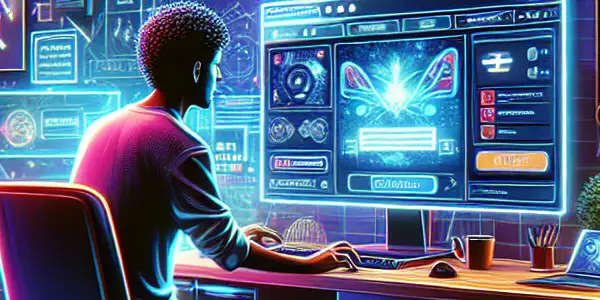 A confident digital content creator in a stylish home office, focused on optimizing adult entertainment video uploads.