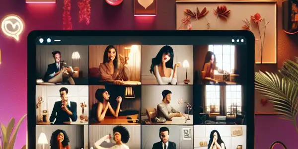 A modern virtual room with a sleek computer setup, showcasing individuals in flirtatious conversations amidst a cozy ambiance.