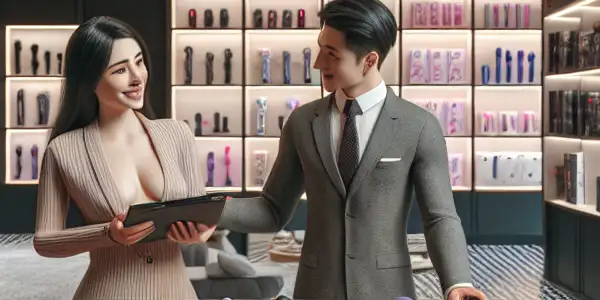 A modern adult toy store interior featuring stylish displays, warm lighting, and a friendly staff member assisting a customer.