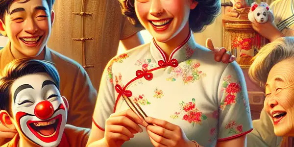 A warm family gathering during Lunar New Year, featuring a loving mother, playful son, and festive decorations.