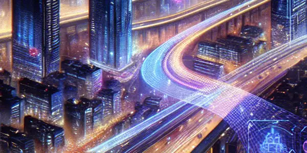 A futuristic cityscape at night featuring a couple in an intimate moment amidst vibrant holograms and advanced technology.