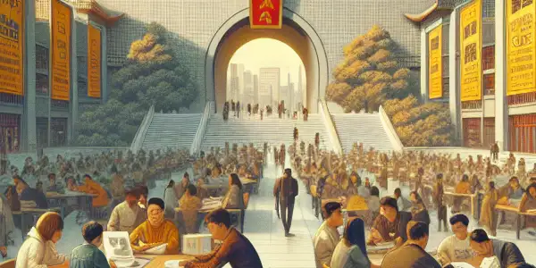 A vibrant university campus scene with diverse students discussing filmmaking materials at the Beijing Film Academy.