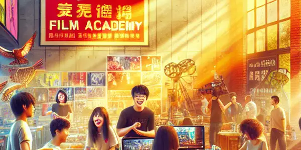 A vibrant campus scene at Beijing Film Academy with diverse students collaborating on a short film project.