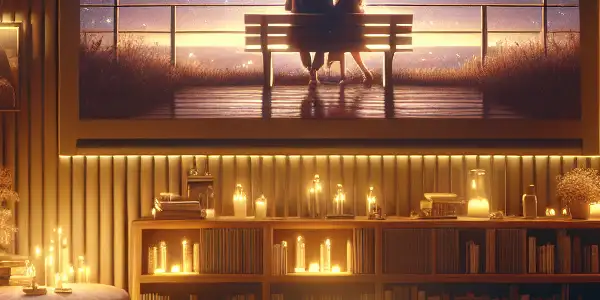 A cozy living room with a paused romantic film, candlelight, an open book, and a starry night window.