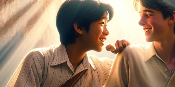 Two young boys sharing a joyful moment of friendship in a sunlit summer park.