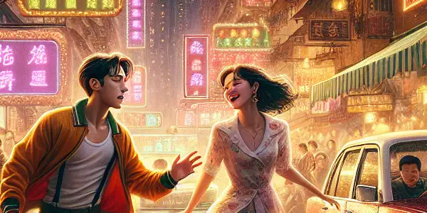 A colorful 1990s Hong Kong street scene featuring a passionate male character chasing an alluring female character amidst neon lights.