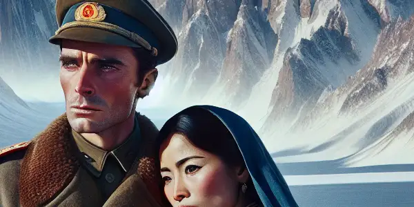 A soldier and a woman share a tense moment in a snow-covered landscape, hinting at espionage and danger.