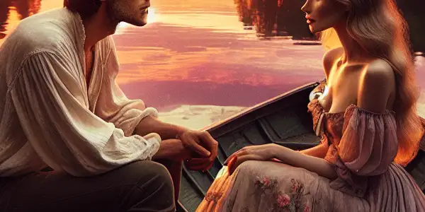 A young couple in a rowboat at sunset, surrounded by nature, sharing a romantic moment by a serene lakeside.
