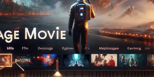 A cozy living room with a large screen showing a sci-fi movie, popcorn, and a user browsing a streaming platform.