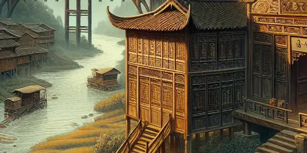 A nostalgic film set featuring traditional Northeast Chinese architecture, vintage film equipment, and lush natural landscapes.