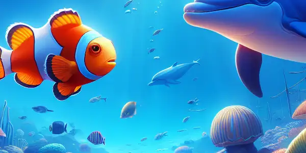 Marlin and Dory explore a vibrant underwater world filled with colorful coral and diverse marine life.