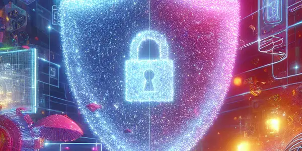 A futuristic digital landscape featuring a translucent condom-like object symbolizing cybersecurity in adult entertainment.