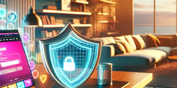 A cozy modern home with a computer desk displaying a safe adult entertainment website, emphasizing security and relaxation.