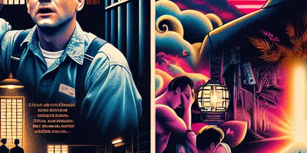 A movie poster showcasing a split-screen of classic film drama and vibrant adult film aesthetics.