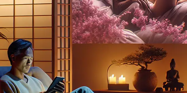 A cozy living room scene promoting self-care, featuring a person engaging with abstract visuals and calming decor.