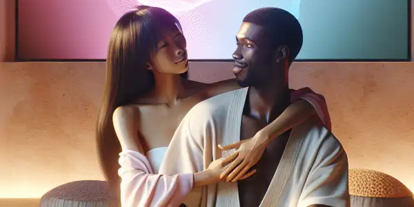 A cozy, intimate room featuring a couple enjoying a serene moment amidst soft lighting and lush greenery.