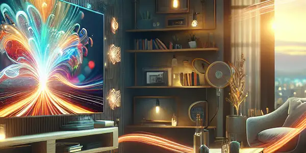 A cozy modern living room with a high-definition screen displaying vibrant abstract visuals, suggesting seamless adult content streaming.