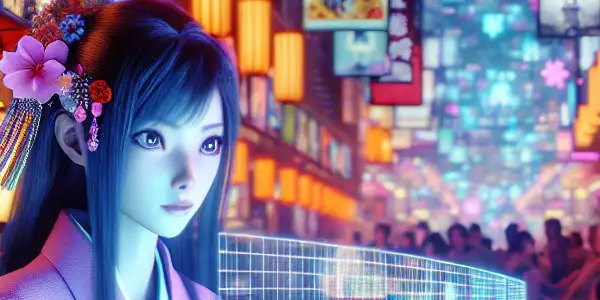 A vibrant digital marketplace showcasing Japanese adult films, featuring diverse characters and cultural elements in a neon-lit environment.