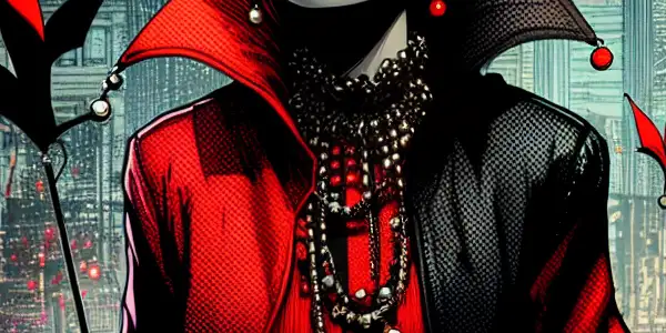 Harley Quinn in a vibrant urban alley, wearing her iconic red and black outfit, surrounded by graffiti and playful chaos.