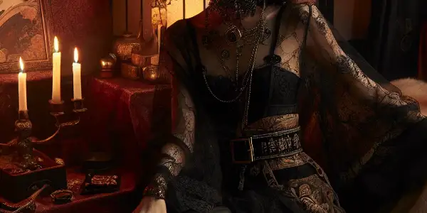 A confident Japanese woman in provocative bondage attire, set in a dimly lit, intimate atmosphere with candles and BDSM elements.