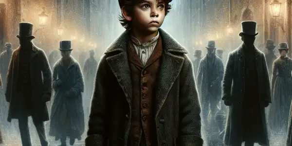 A young David Copperfield stands determined in gritty Victorian London, surrounded by shadowy figures and atmospheric streetlights.
