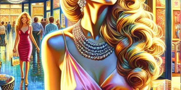 A stylish woman joyfully explores a vibrant shopping mall filled with luxury items and playful adult-themed hints.