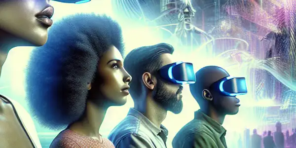 A diverse group of individuals immersed in a high-tech virtual reality environment, exploring vibrant adult-themed landscapes.