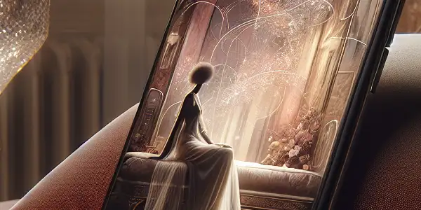 A modern smartphone on a plush surface, displaying elegant legs in sheer stockings, surrounded by a cozy, intimate atmosphere.