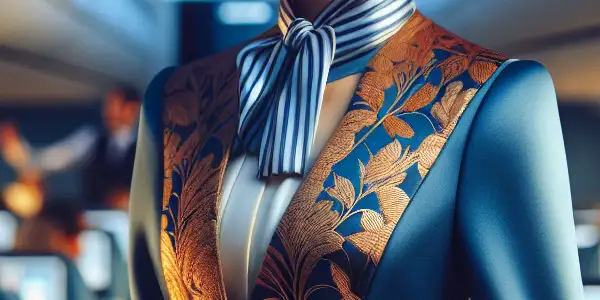 A confident female flight attendant in a stylish uniform stands in a luxurious airplane cabin, engaging with passengers.